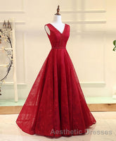 Burgundy V Neck Lace Long Evening Prom Gown Burgundy Evening Prom Dresses